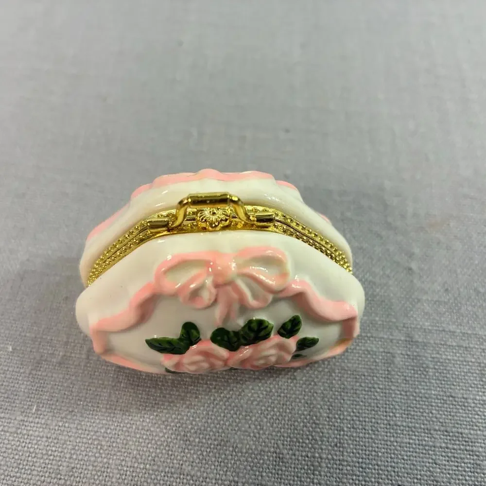Vintage Porcelain Purse Trinket Box Pink Roses Bow Gold Tone Hinged Miniature